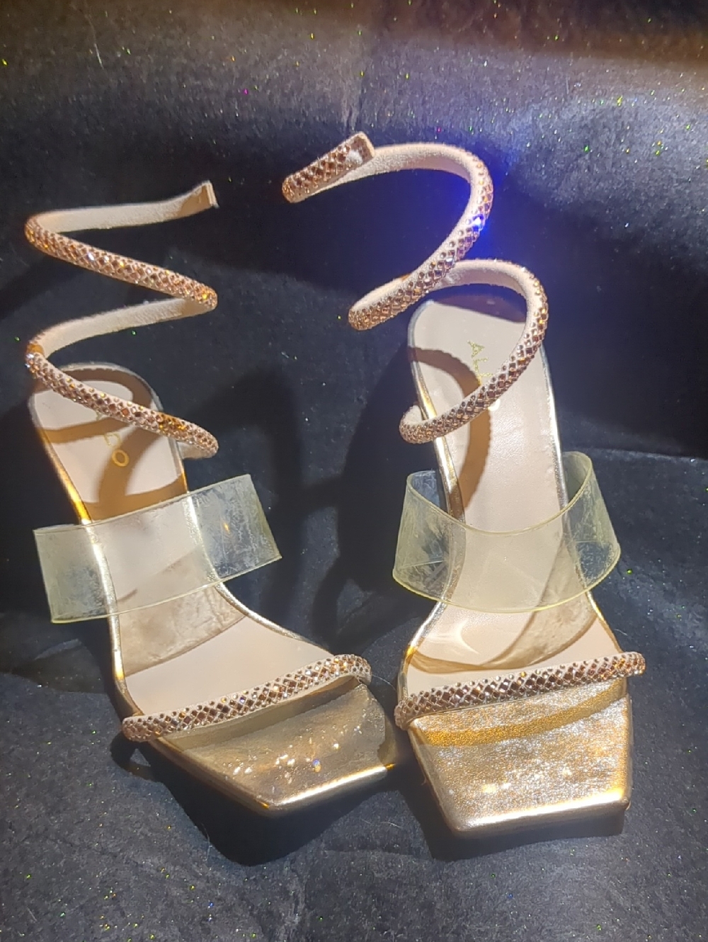 Aldo Gold Spiral-Strap Heeled Sandals with Clear Band